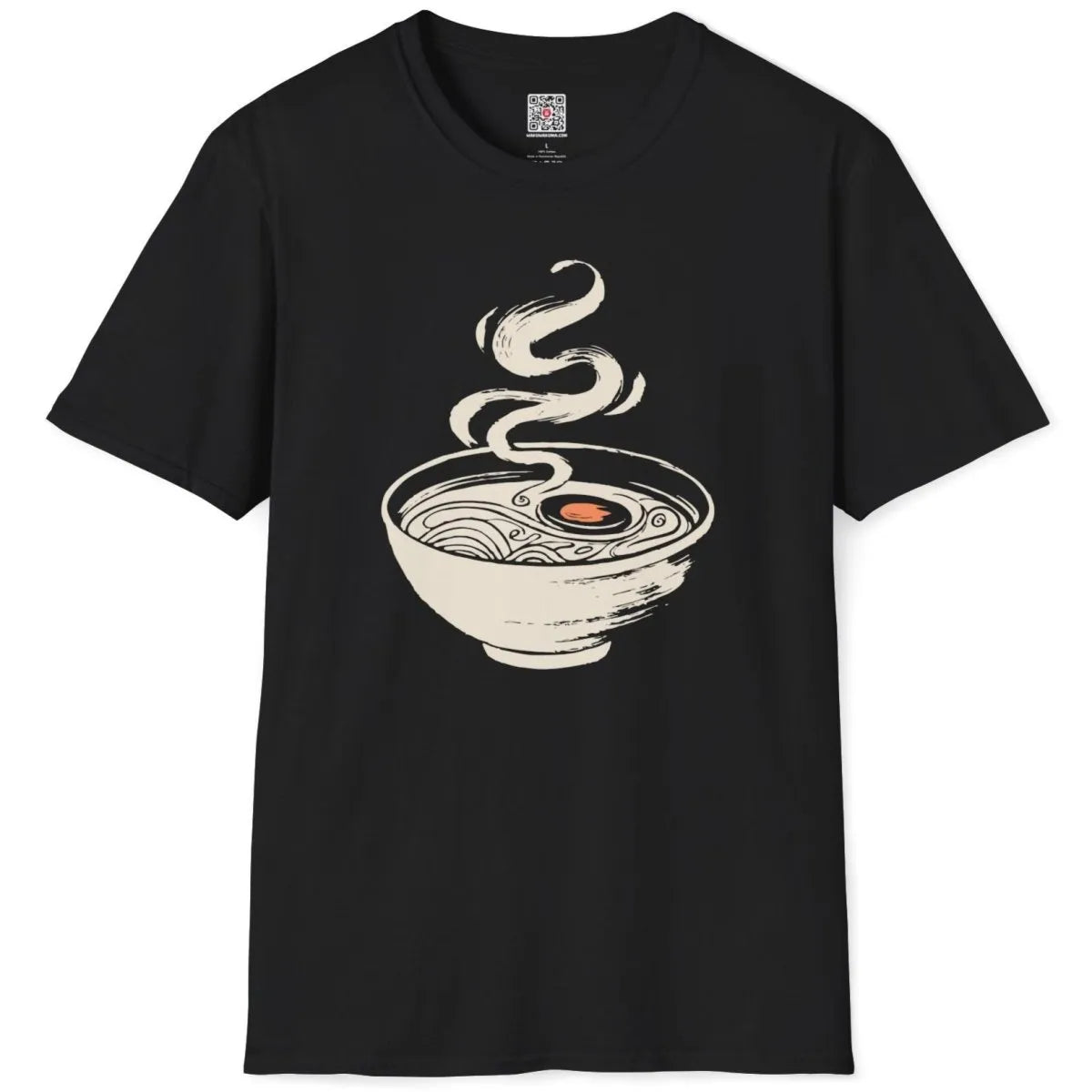 Black ramen t-shirt with minimalist bowl and orange dot, artistic brushstroke style, flatlay view.