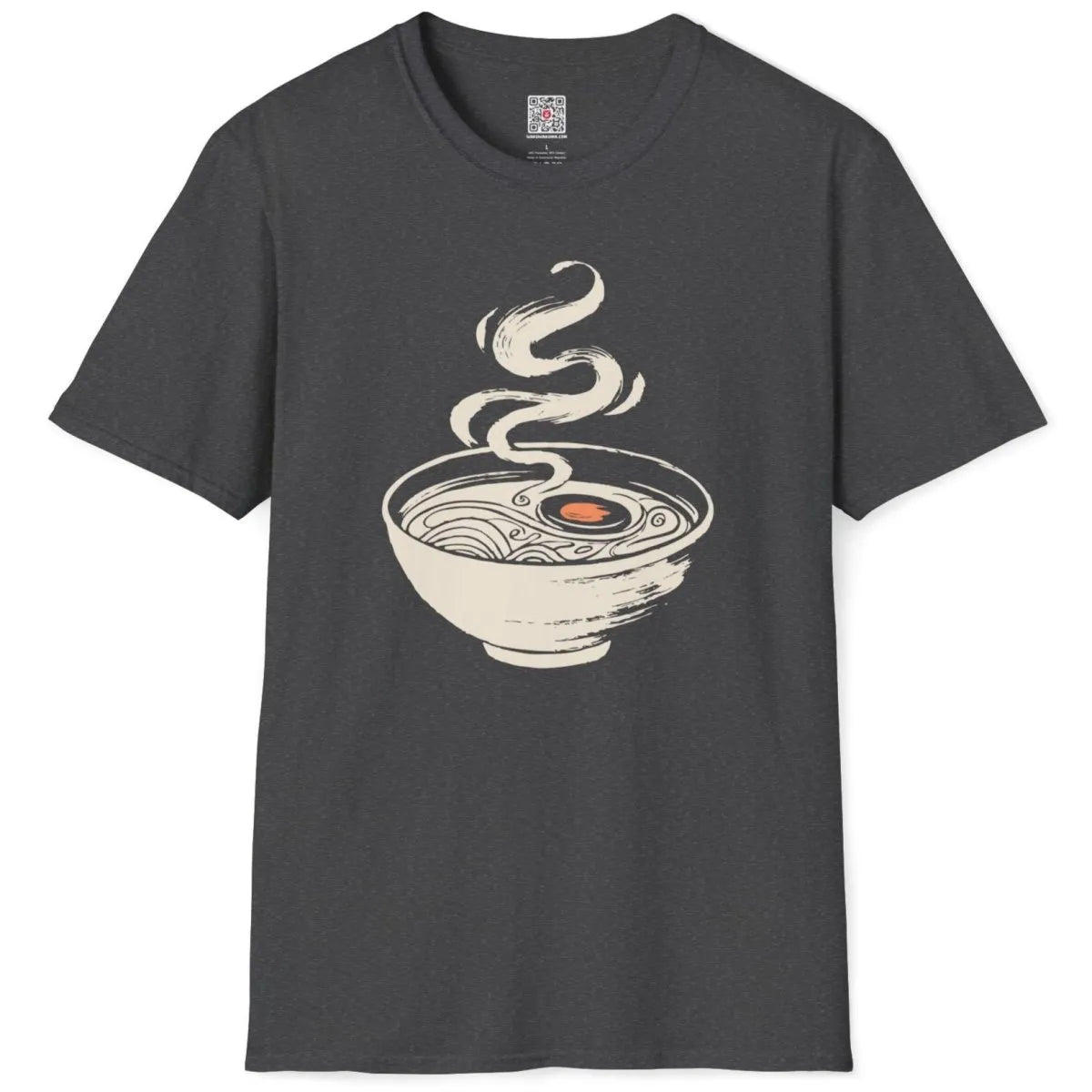 Dark heather t-shirt flatlay with minimalist ramen bowl, orange accent, artistic Japanese style.
