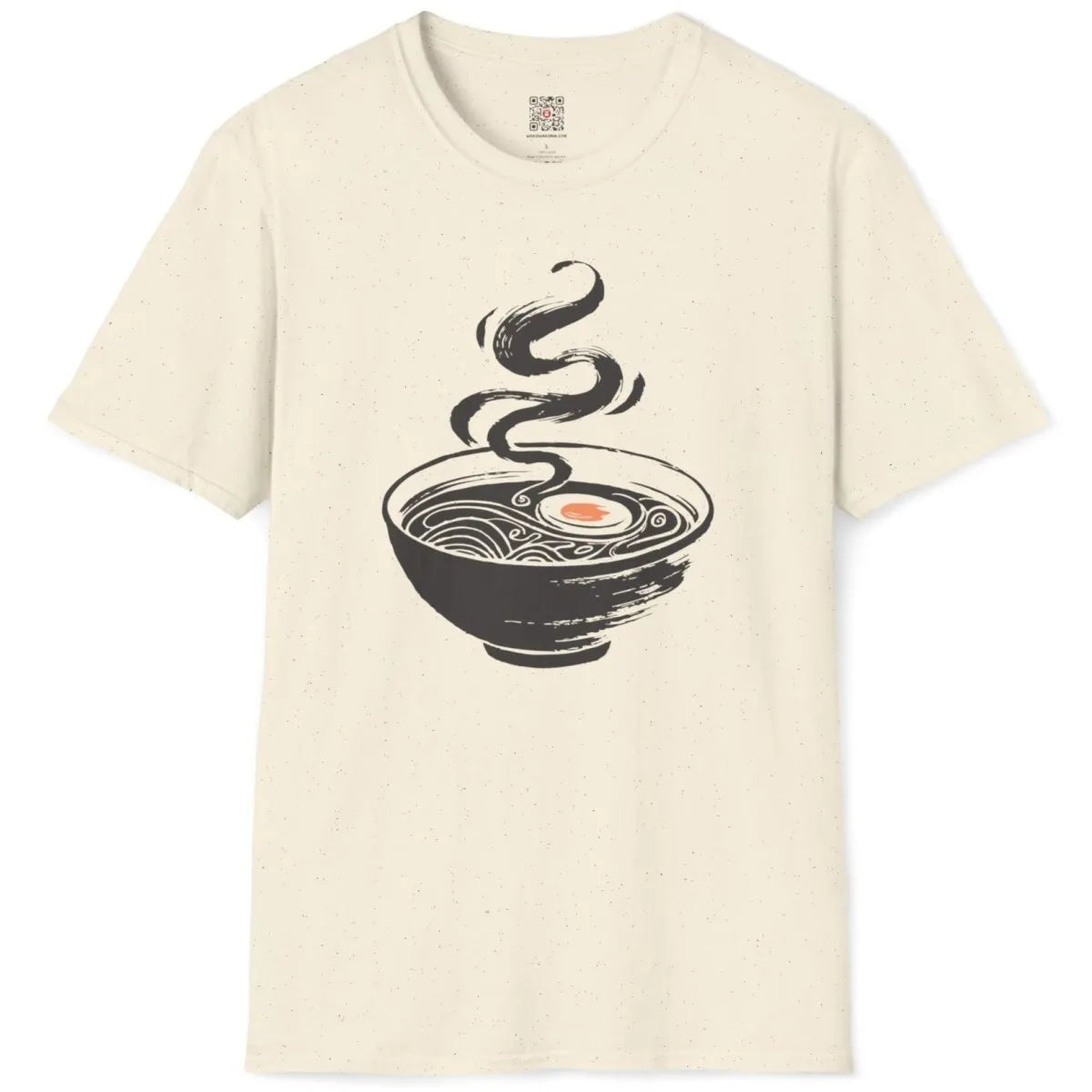Natural t-shirt flatlay, minimalist ramen bowl, orange detail, simple and balanced composition.