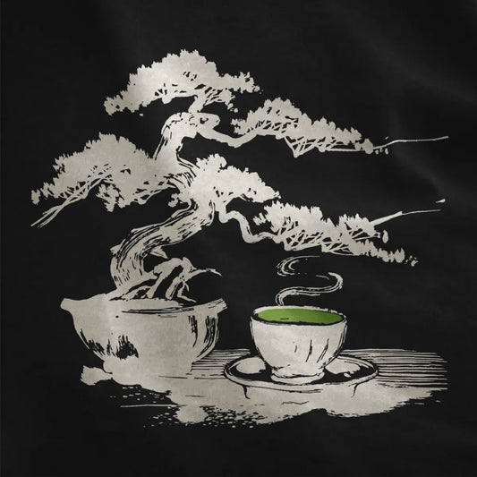 Bonsai tree and green tea cup in sumi-e style on black fabric, serene and traditional look.