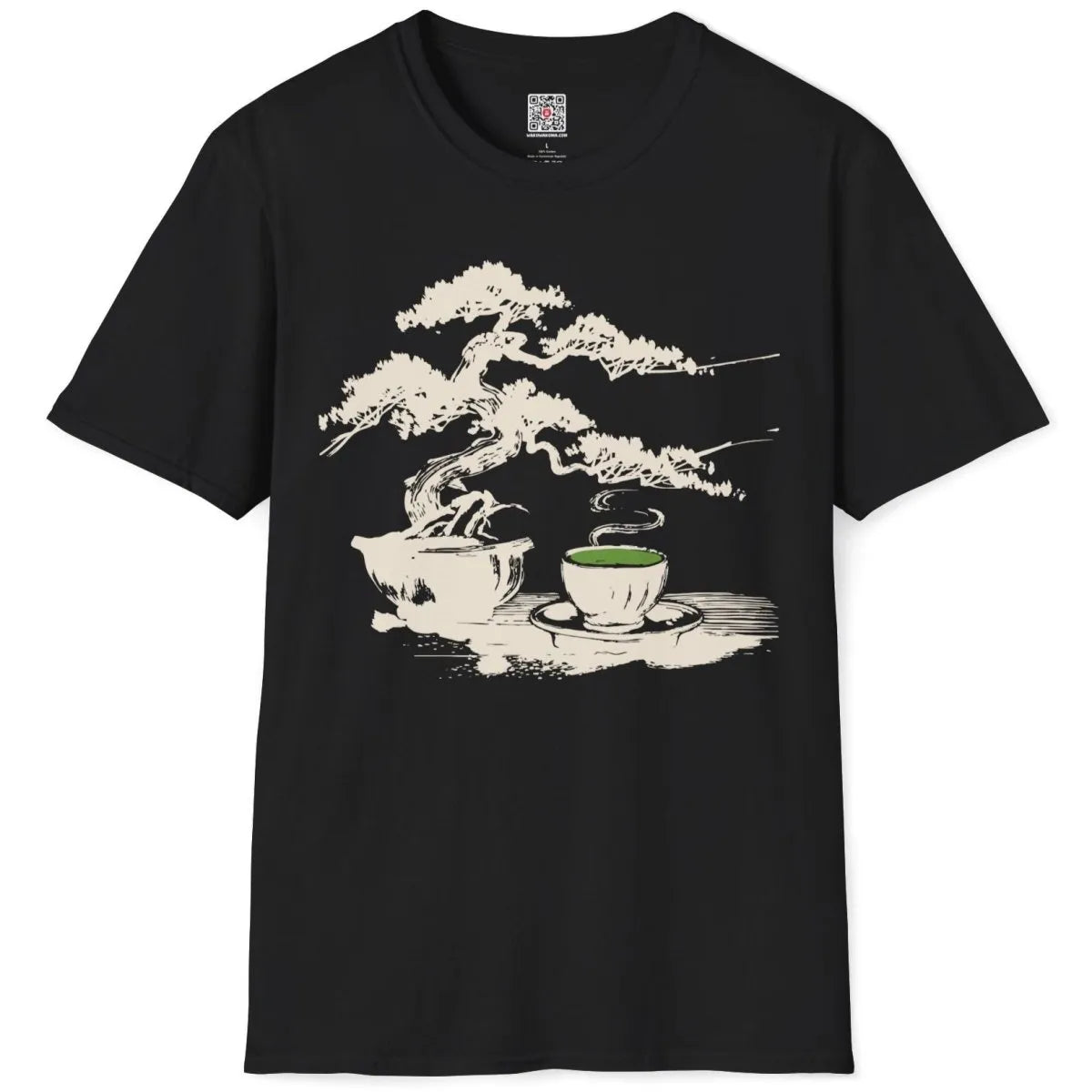 Flatlay of black t-shirt with bonsai tree and green tea cup, traditional Japanese art style.