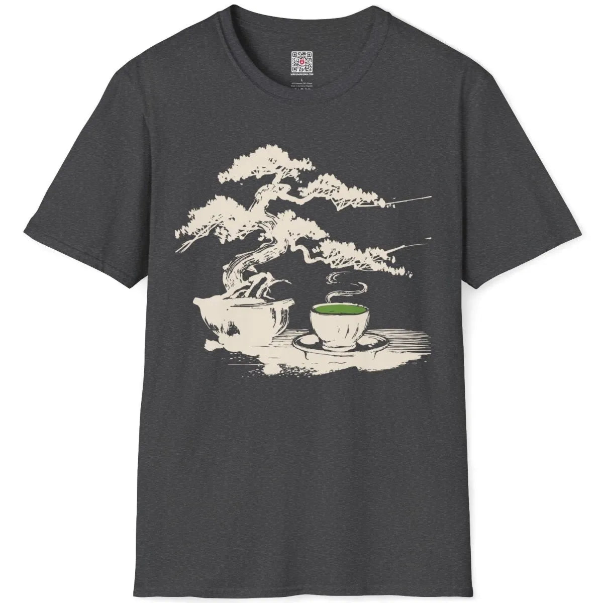 Flatlay of dark heather t-shirt with bonsai and tea cup, tranquil and cultural Japanese theme.