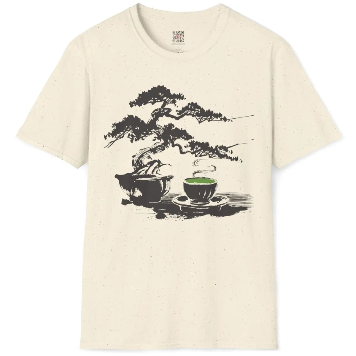 Flatlay of natural t-shirt with bonsai tree and tea cup, traditional Japanese art, soft look.