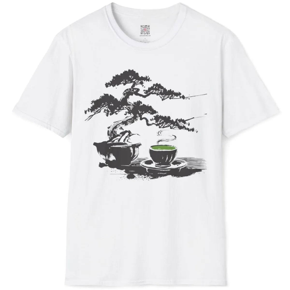 Flatlay of white t-shirt with bonsai and tea cup, serene sumi-e inspired Japanese design.