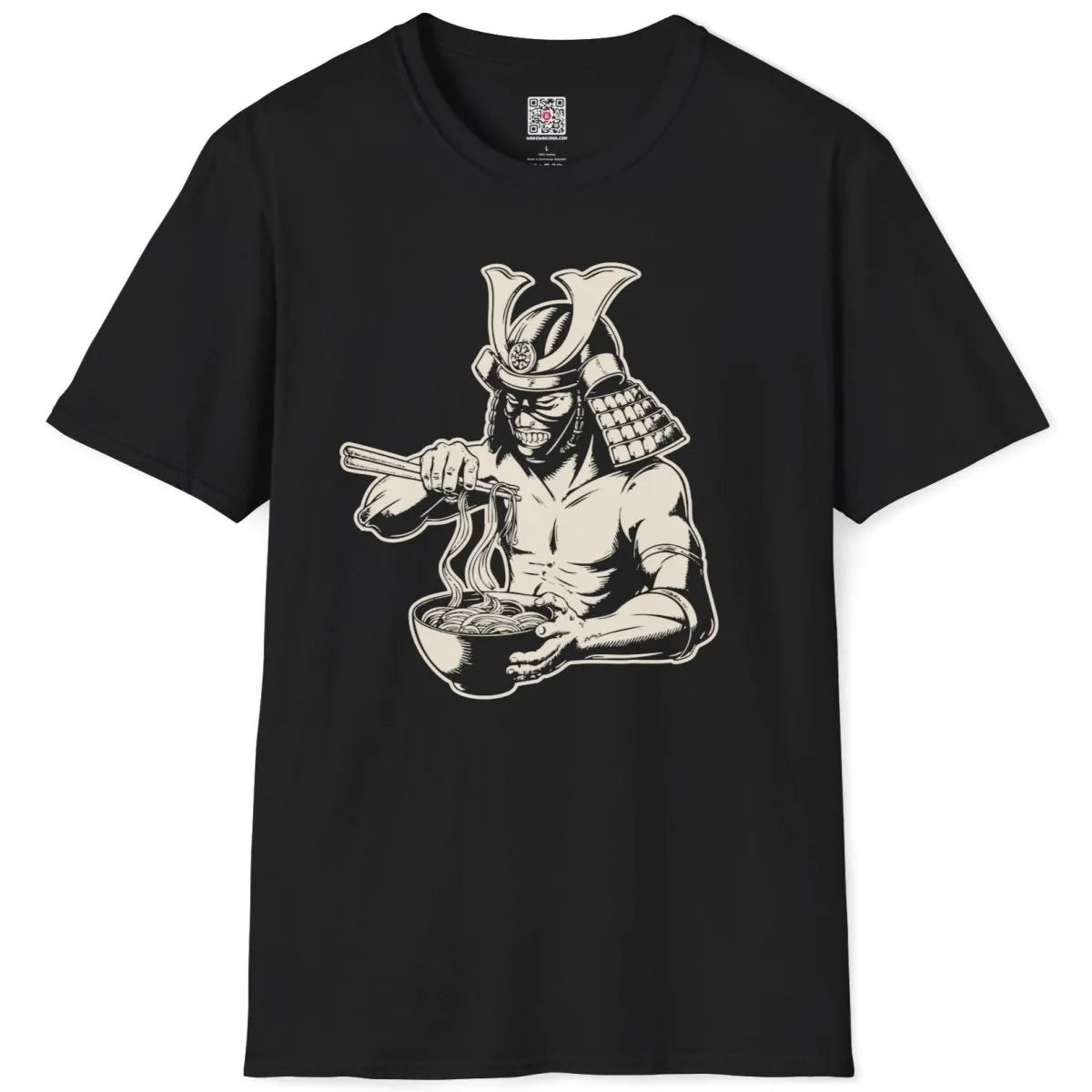 Flatlay of black t-shirt with samurai eating ramen, traditional Japanese art, bold contrast.