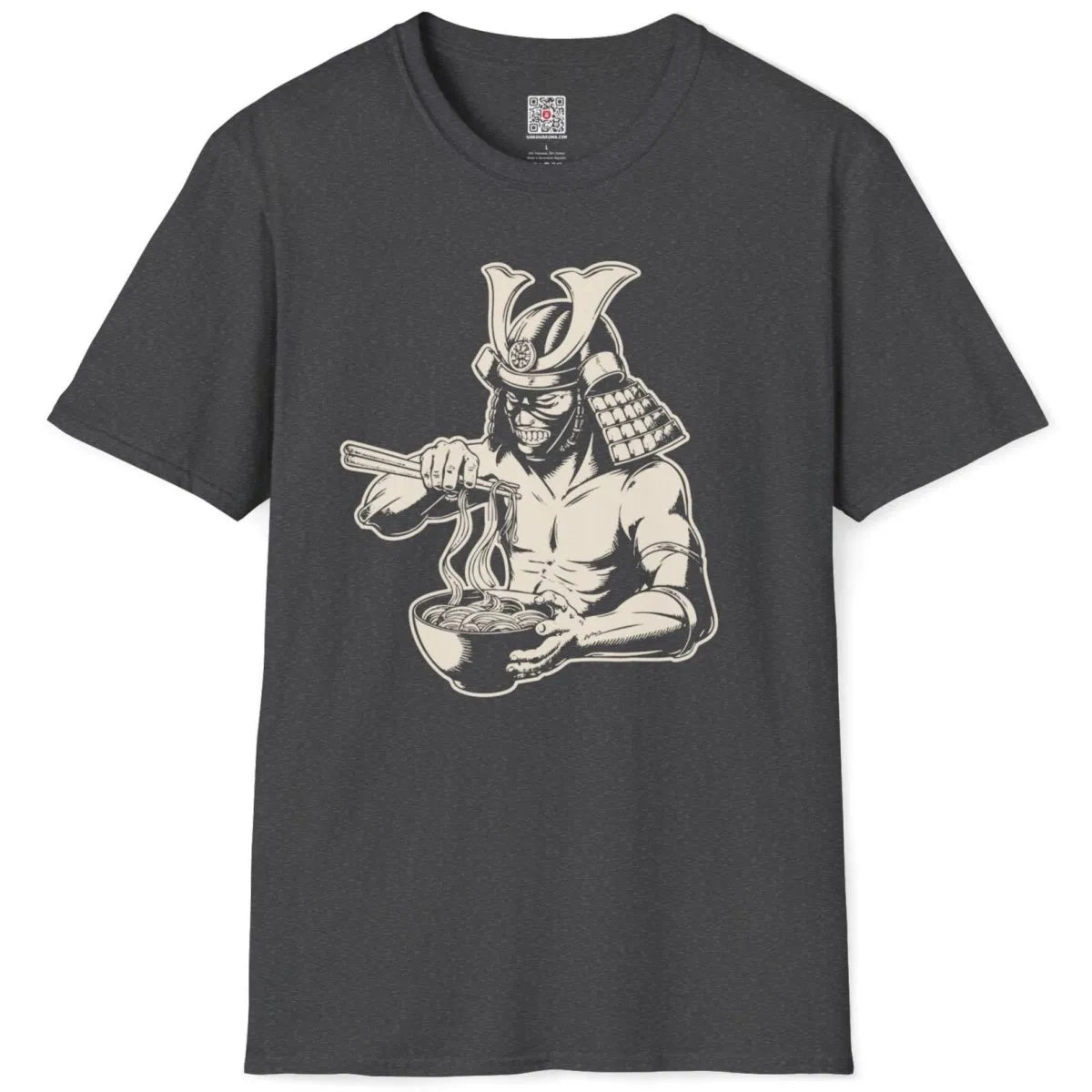 Flatlay of dark heather t-shirt with samurai eating ramen, cultural blend, bold composition.