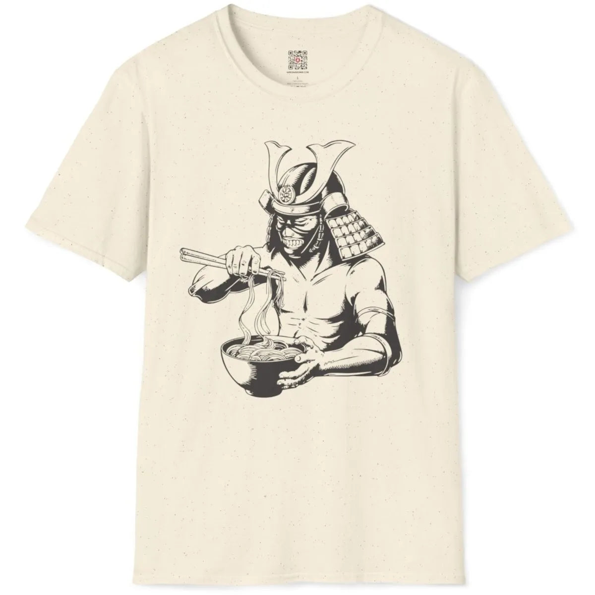 Flatlay of natural t-shirt with samurai and ramen, Japanese-inspired, soft hand-drawn style.