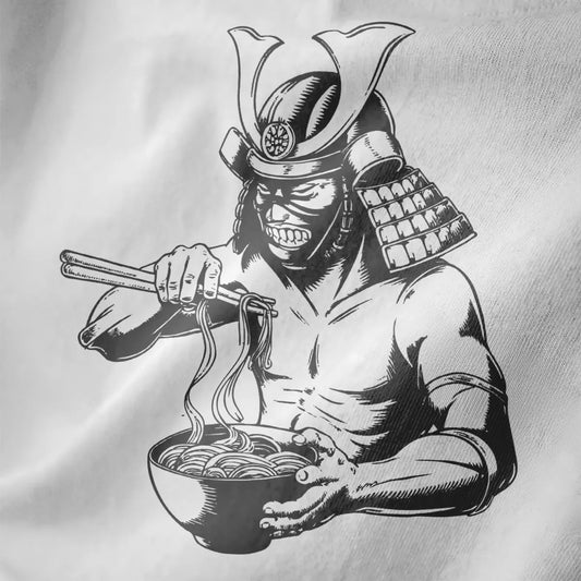 Samurai eating ramen in woodblock ink style on white fabric, dynamic and cultural fusion.
