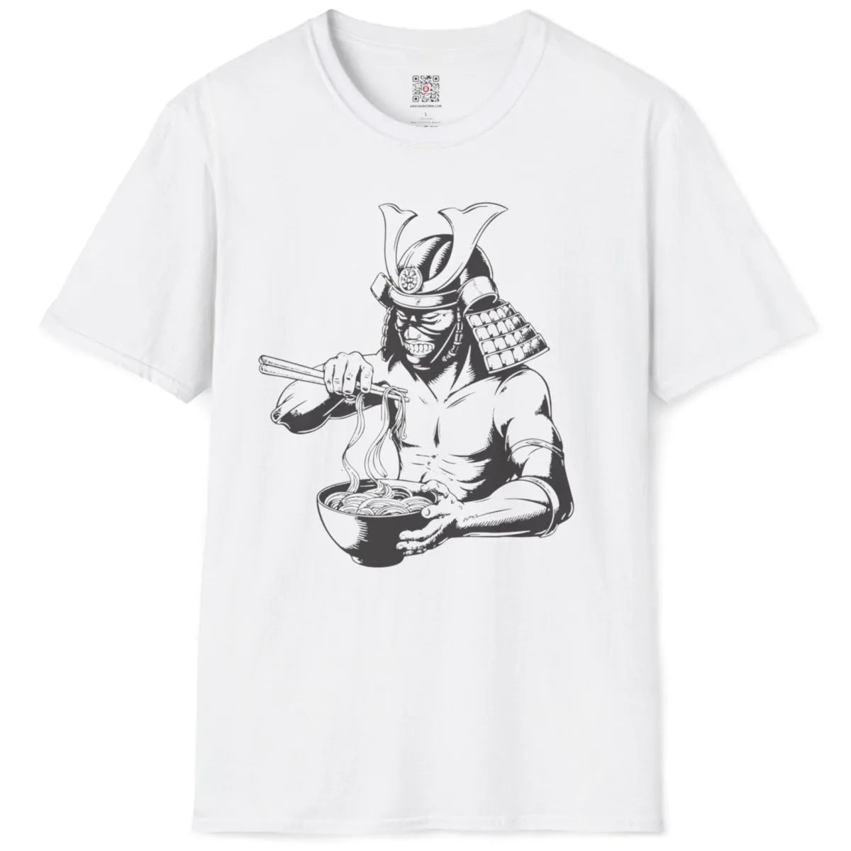 Flatlay of white t-shirt with samurai and ramen bowl, dynamic fusion of tradition and modern.