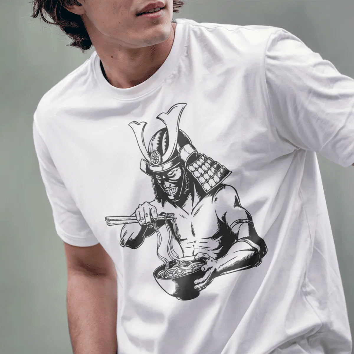 Male model in white t-shirt with samurai eating ramen, dynamic Japanese culture blend.
