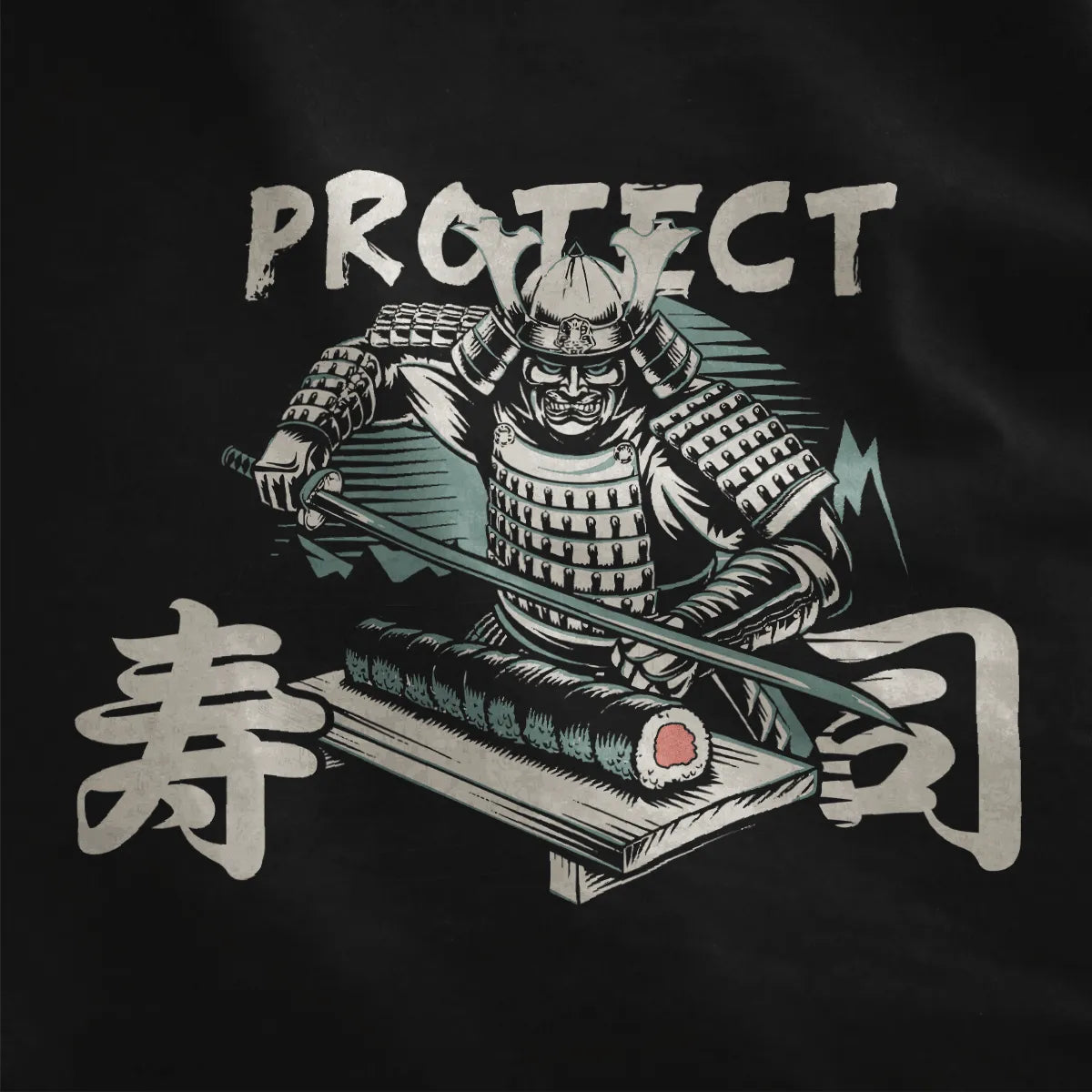 Closeup of samurai in armor with katana and sushi roll, black fabric, sushi t-shirt, warrior art.