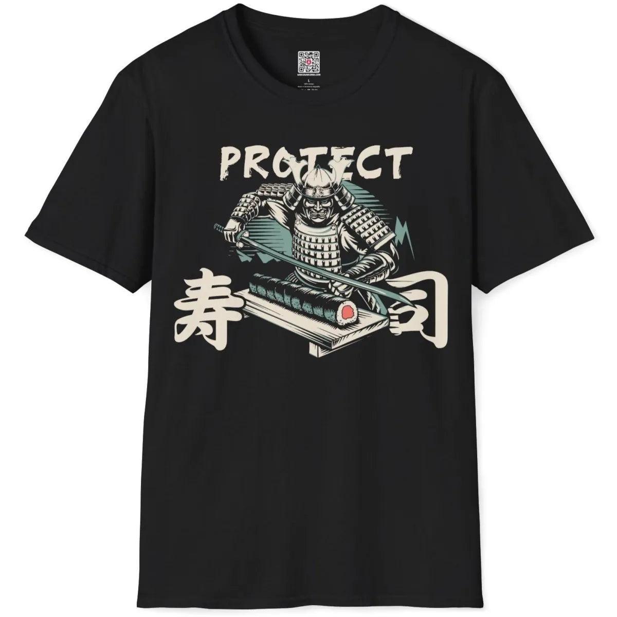 Flatlay black shirt with samurai, katana, sushi roll, and "PROTECT" text, japanese t-shirts, samurai warrior art.