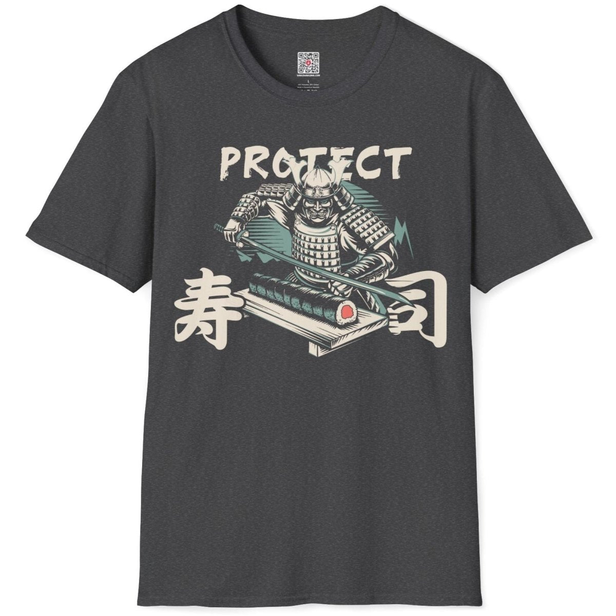 Dark heather flatlay with samurai, sushi roll, and arched "PROTECT", japanese t-shirts, cultural blend.