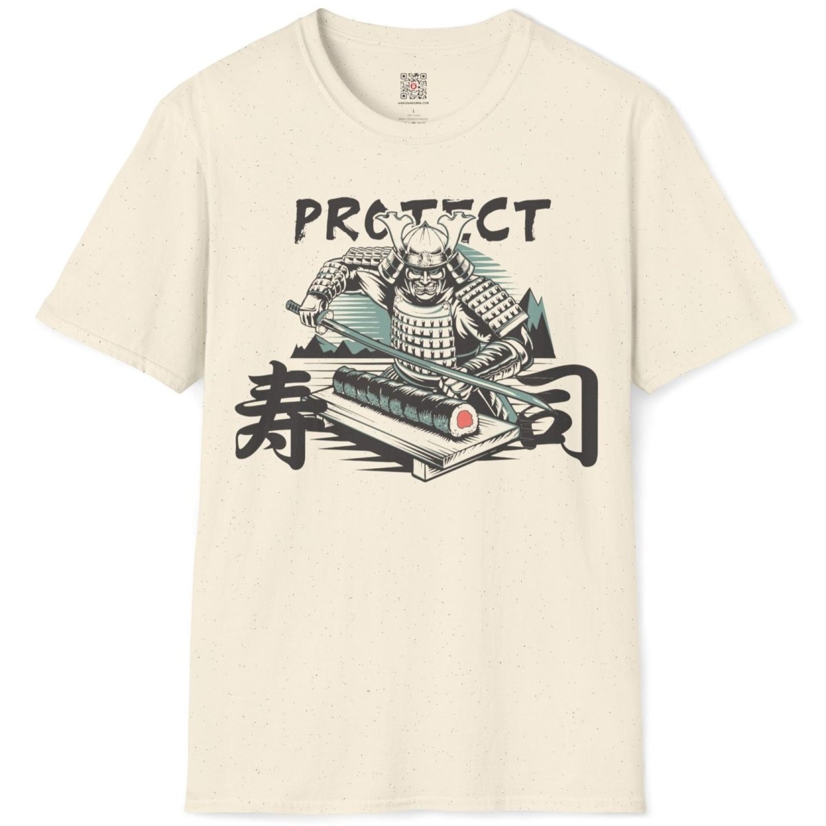 Natural flatlay with samurai, sushi roll, and bold "PROTECT" text, sushi shirt, cultural pride.