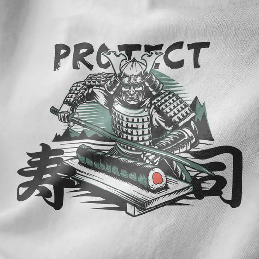 Closeup of samurai in armor with katana and sushi roll, white fabric, japanese t-shirts, samurai armor.
