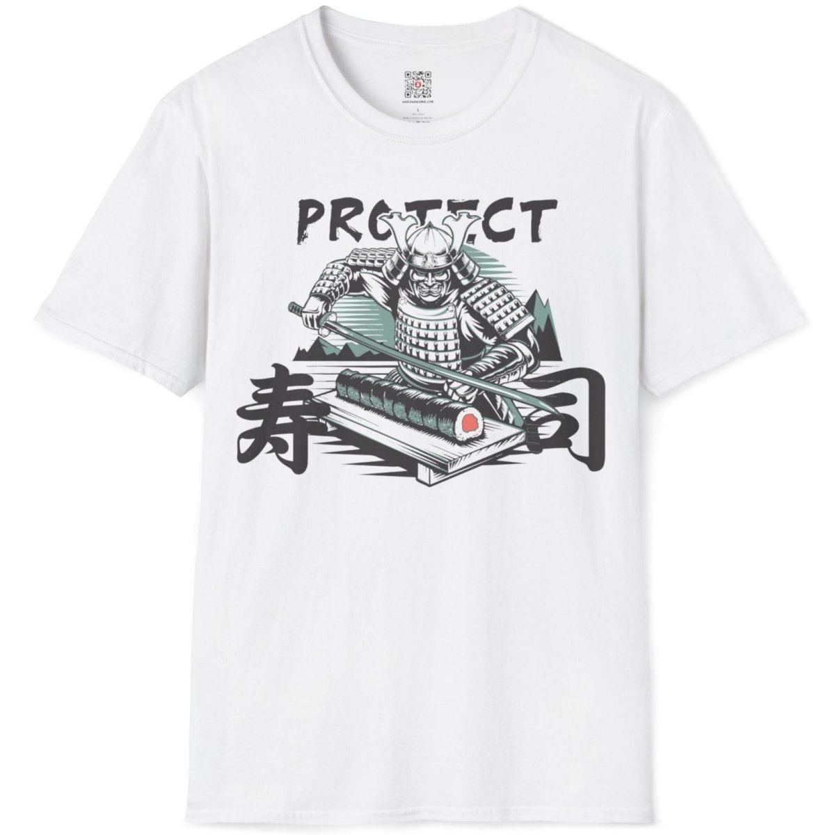 Flatlay white shirt with samurai, sushi roll, and "PROTECT" text, sushi t-shirt, traditional japanese art.