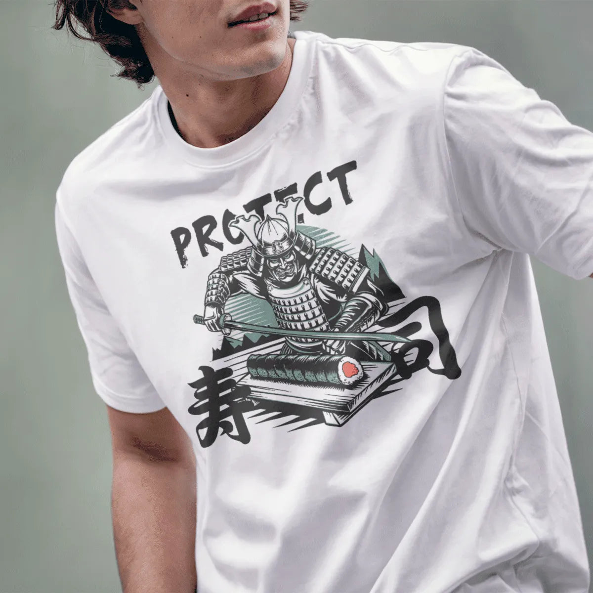 Male model in white t-shirt with samurai, katana, and sushi roll, sushi shirt, cultural symbols.