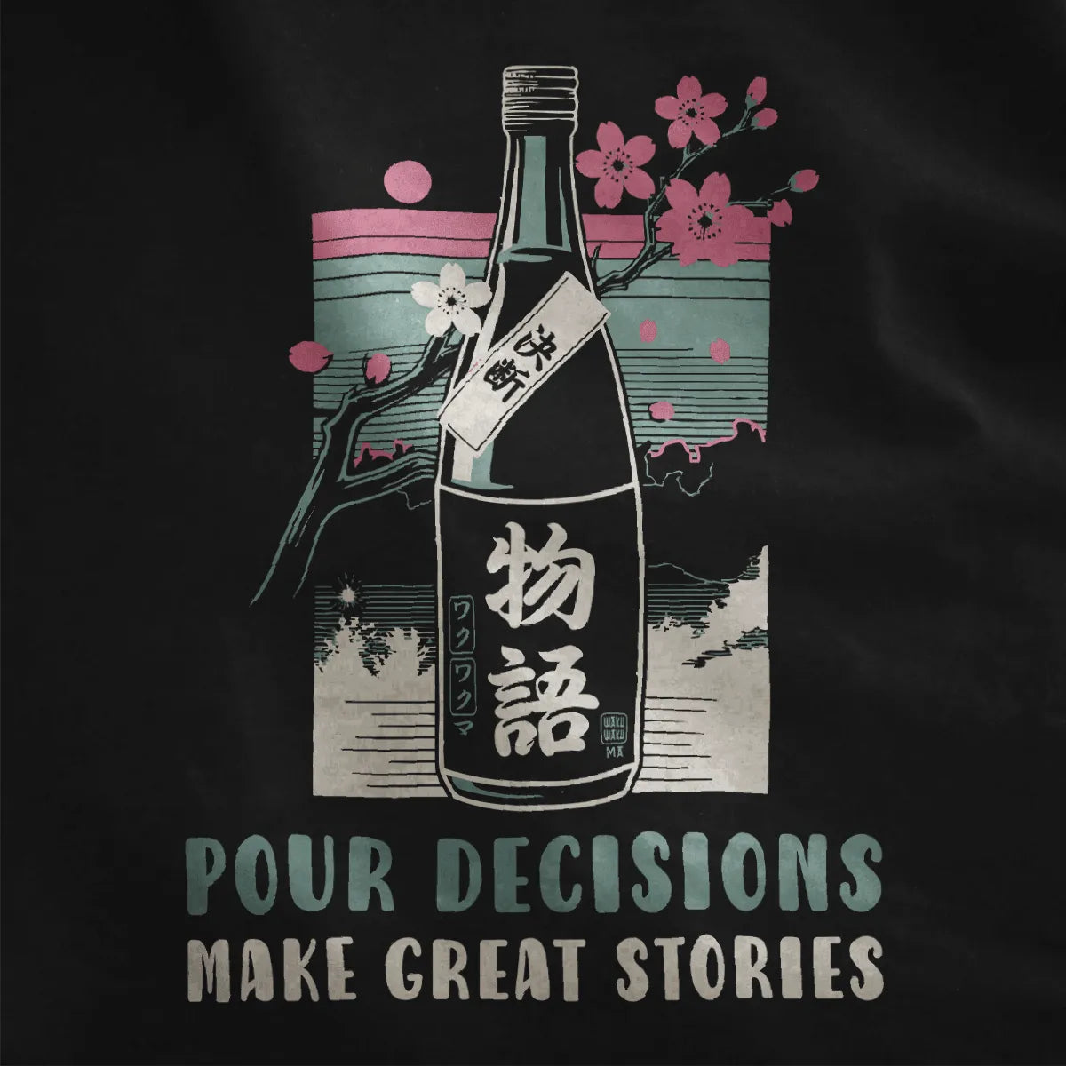 Closeup of sake bottle with cherry blossoms and Japanese text on black fabric, japanese t-shirts, cultural symbols.