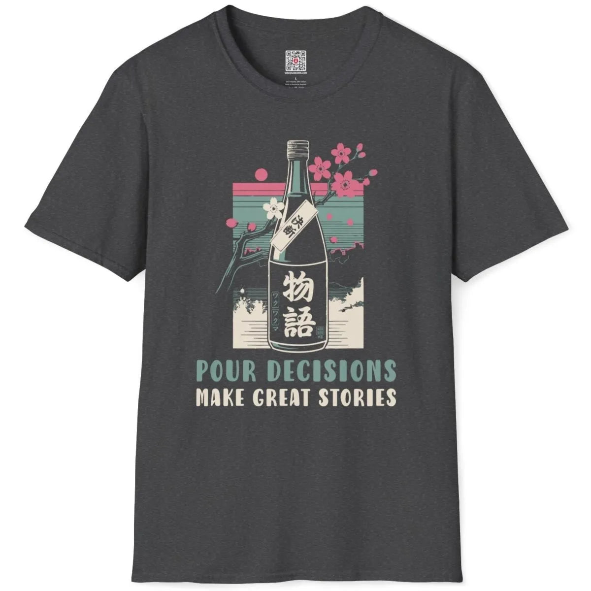Dark heather flatlay with sake bottle, cherry blossoms, and setting sun, japanese t-shirts, serene landscape.