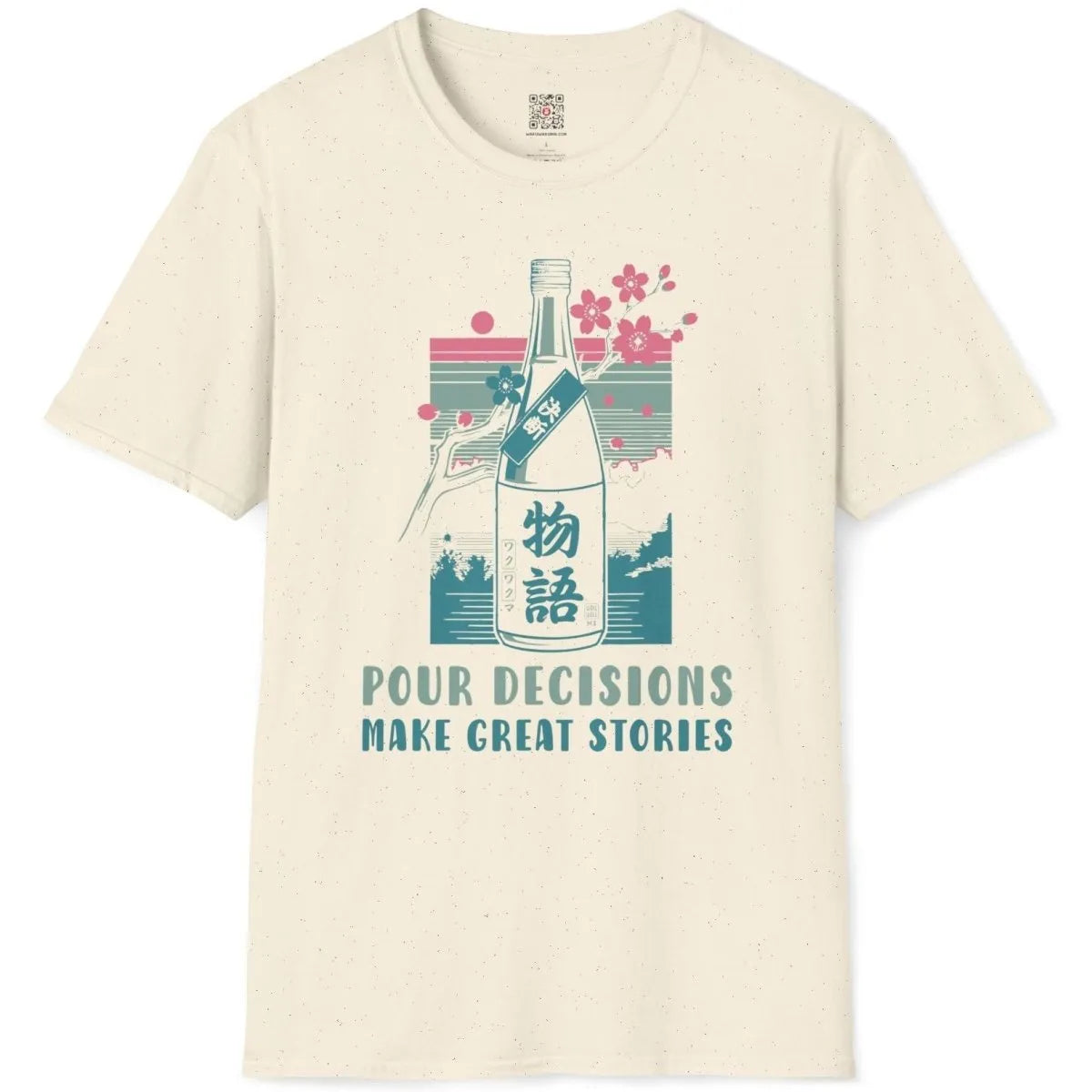 Natural flatlay with sake bottle, cherry blossoms, and Japanese text, japanese t-shirts, phrase motivation.