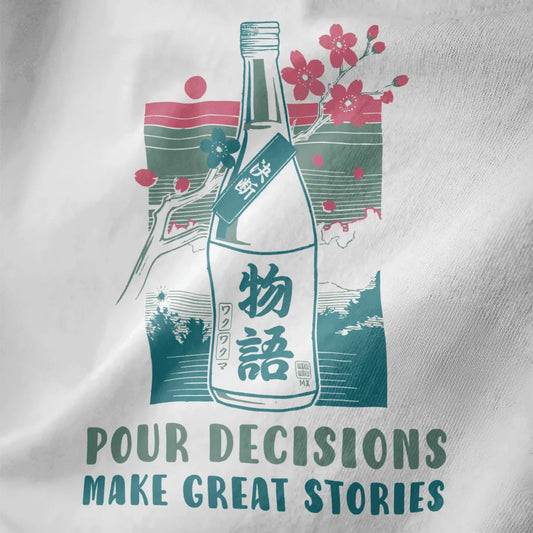 Closeup of sake bottle with cherry blossoms and Japanese text on white fabric, japanese t-shirts, sakura cherry blossom art.