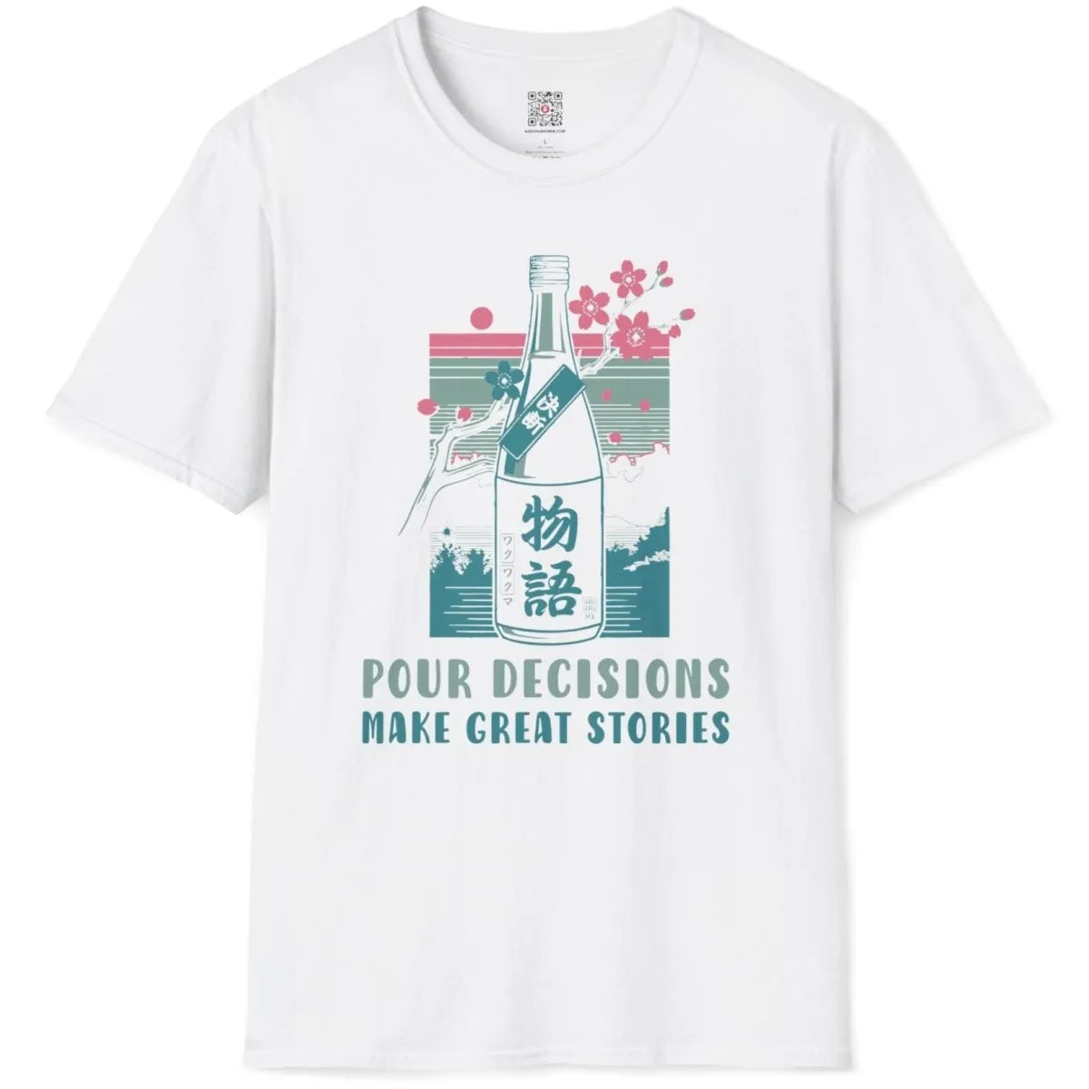 Flatlay white shirt with sake bottle, cherry blossoms, and "Pour Decisions" text, japanese t-shirts, vintage aesthetic.