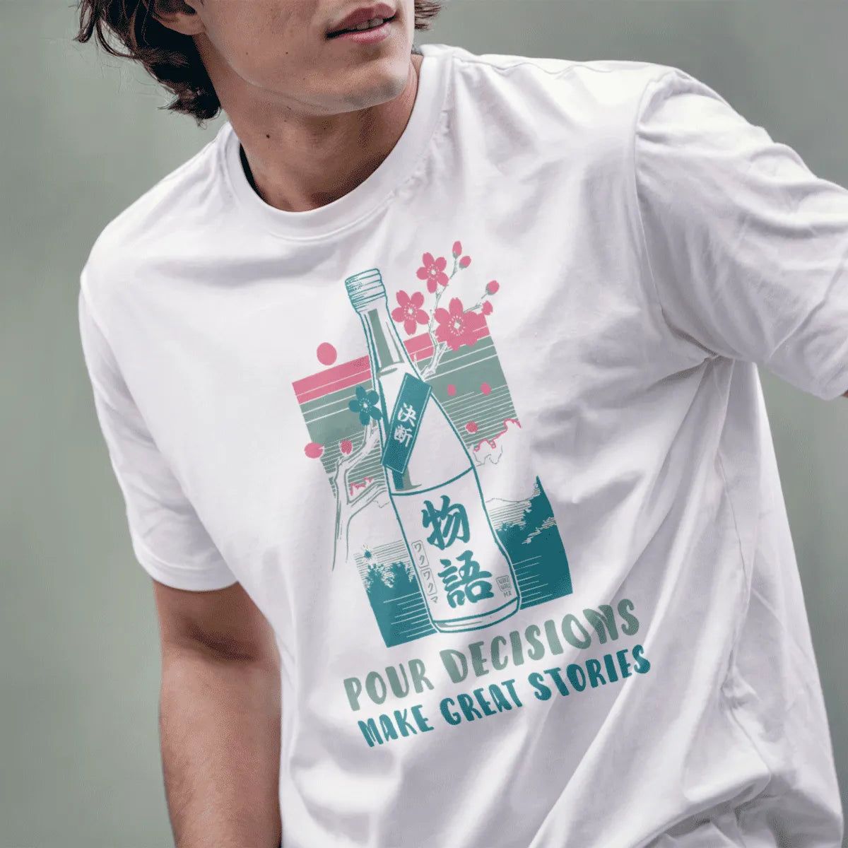 Male model in white t-shirt with sake bottle, cherry blossoms, and sunset, japanese t-shirts, friendship theme.