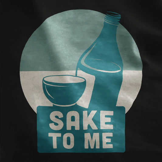 Sake bottle and cup in blue with bold "SAKE TO ME" text on black t-shirt, japanese t-shirts, sake culture.