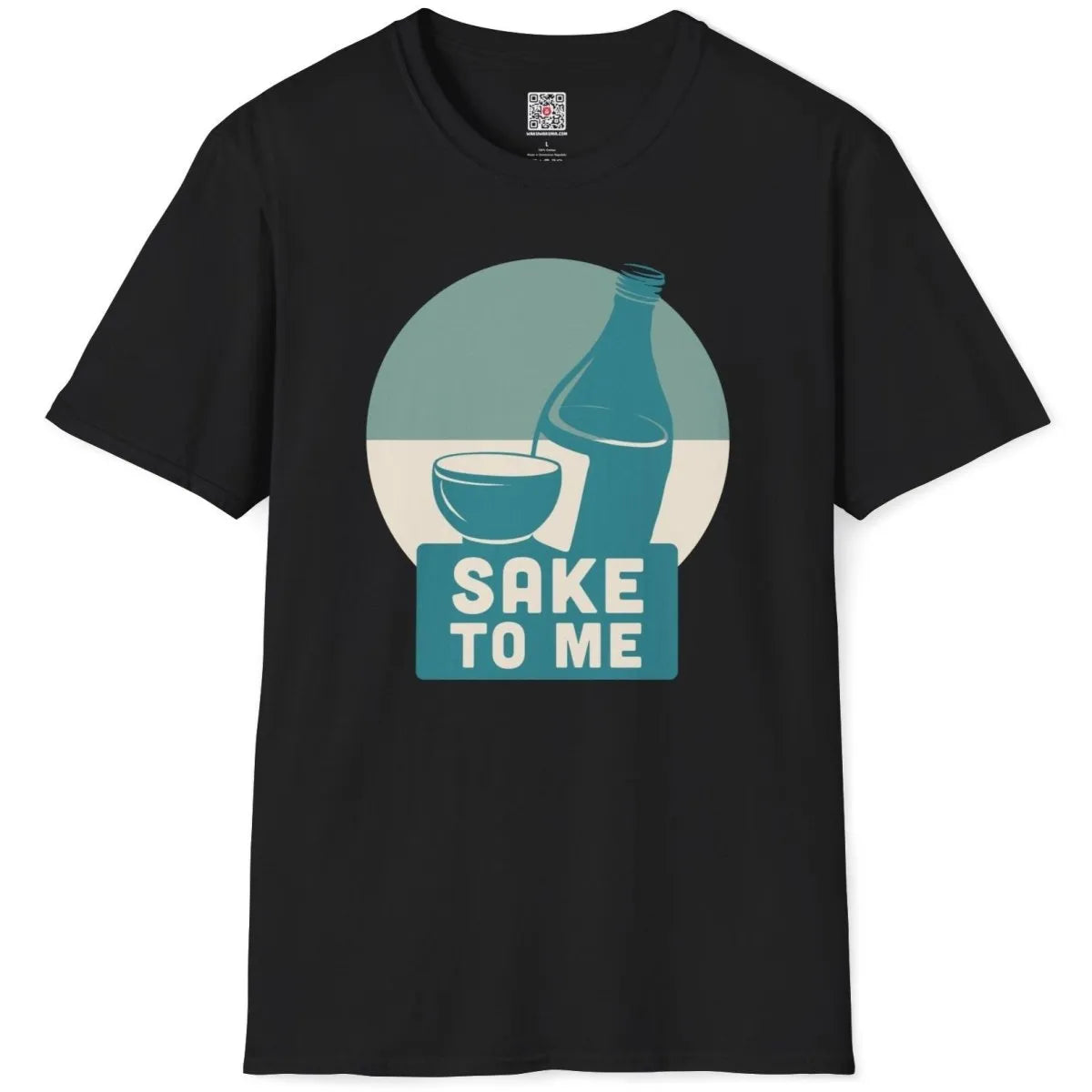 Flatlay of black t-shirt with blue sake bottle, cup, and bold "SAKE TO ME", japanese t-shirts, bold text fonts.