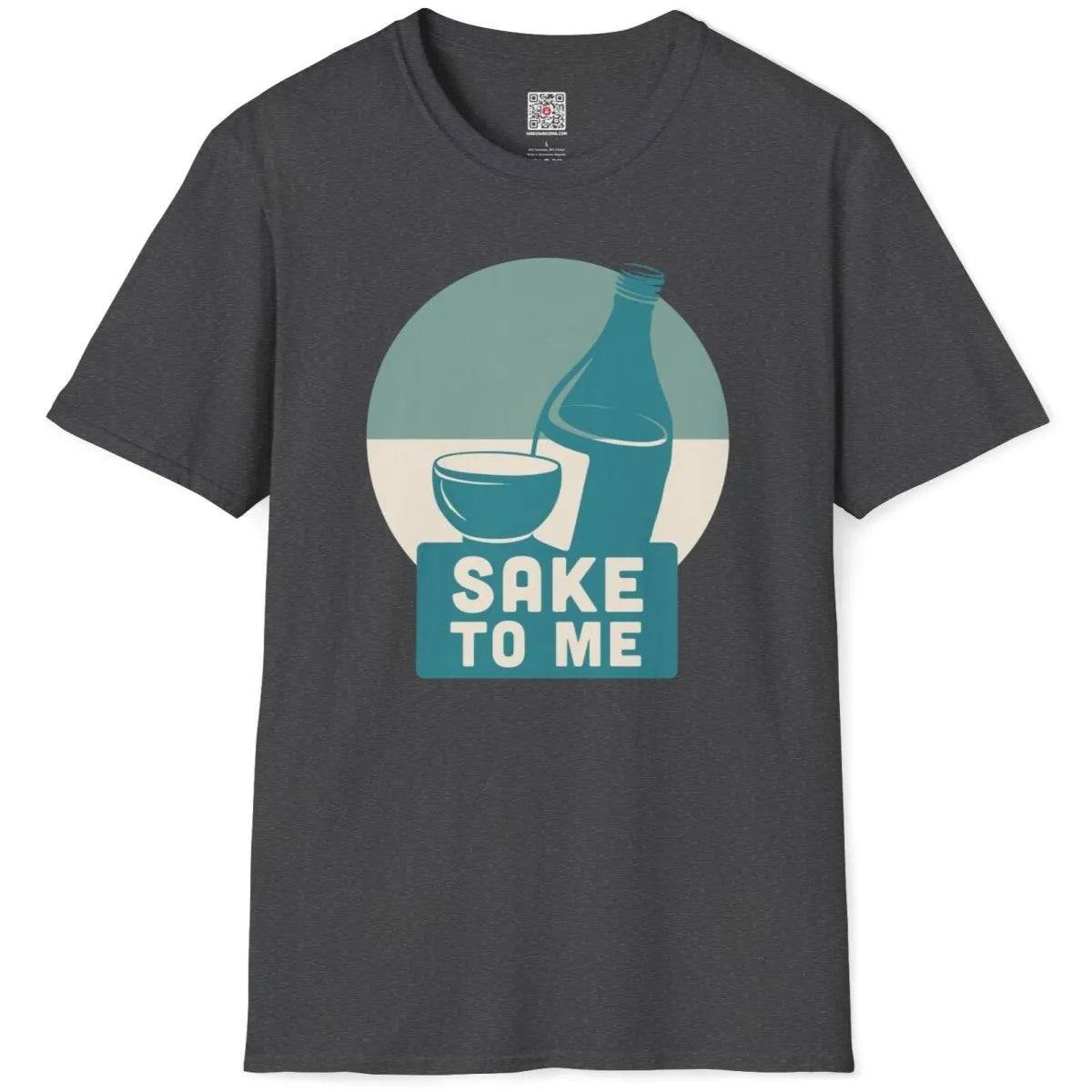 Flatlay of dark heather t-shirt with blue sake bottle, cup, and bold "SAKE TO ME", japanese t-shirts, retro design.