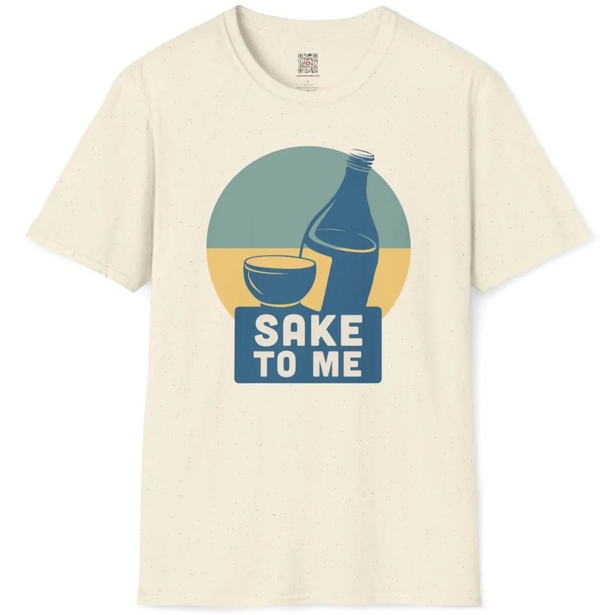 Flatlay of natural t-shirt with blue sake bottle, cup, and bold "SAKE TO ME", japanese t-shirts, cultural pride.
