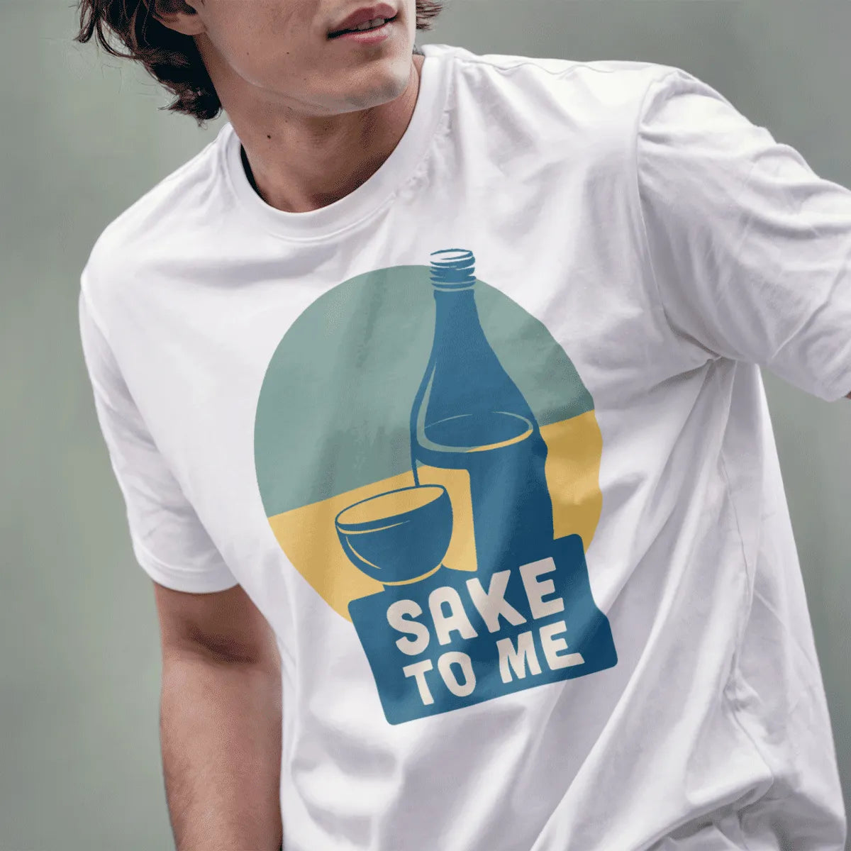 Male model in white t-shirt with blue sake bottle and cup, bold text, japanese t-shirts, sake culture.