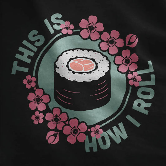 Sushi roll with orange filling and pink cherry blossoms on black t-shirt, sushi shirt, kawaii sushi.