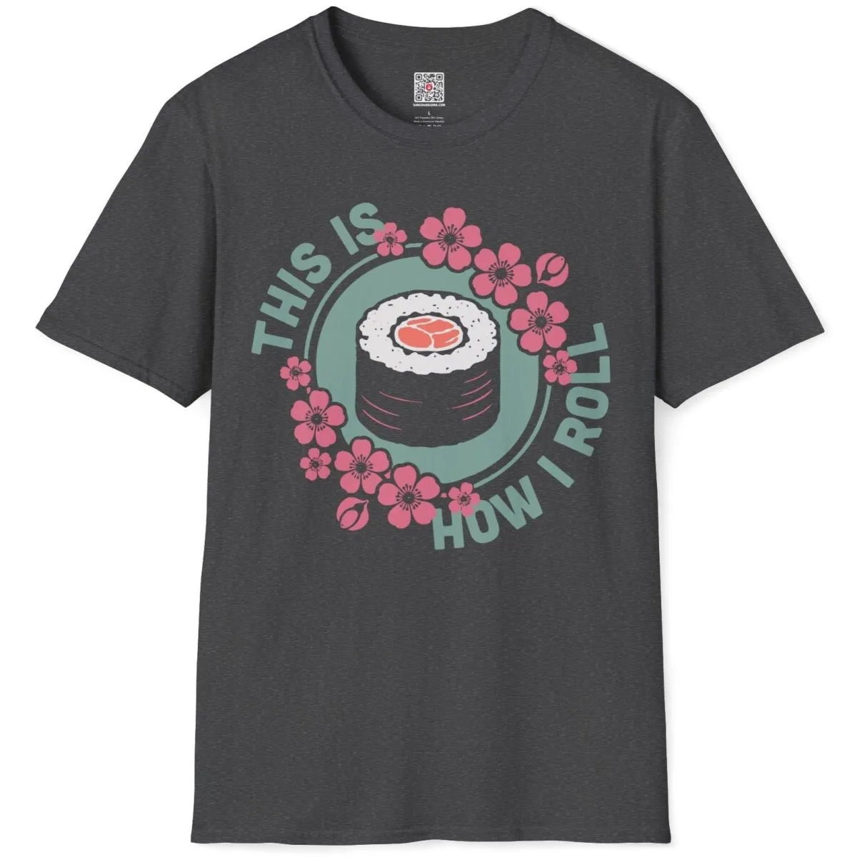 Flatlay of dark heather t-shirt with sushi roll, cherry blossoms, and playful text, sushi shirt, foodie style.