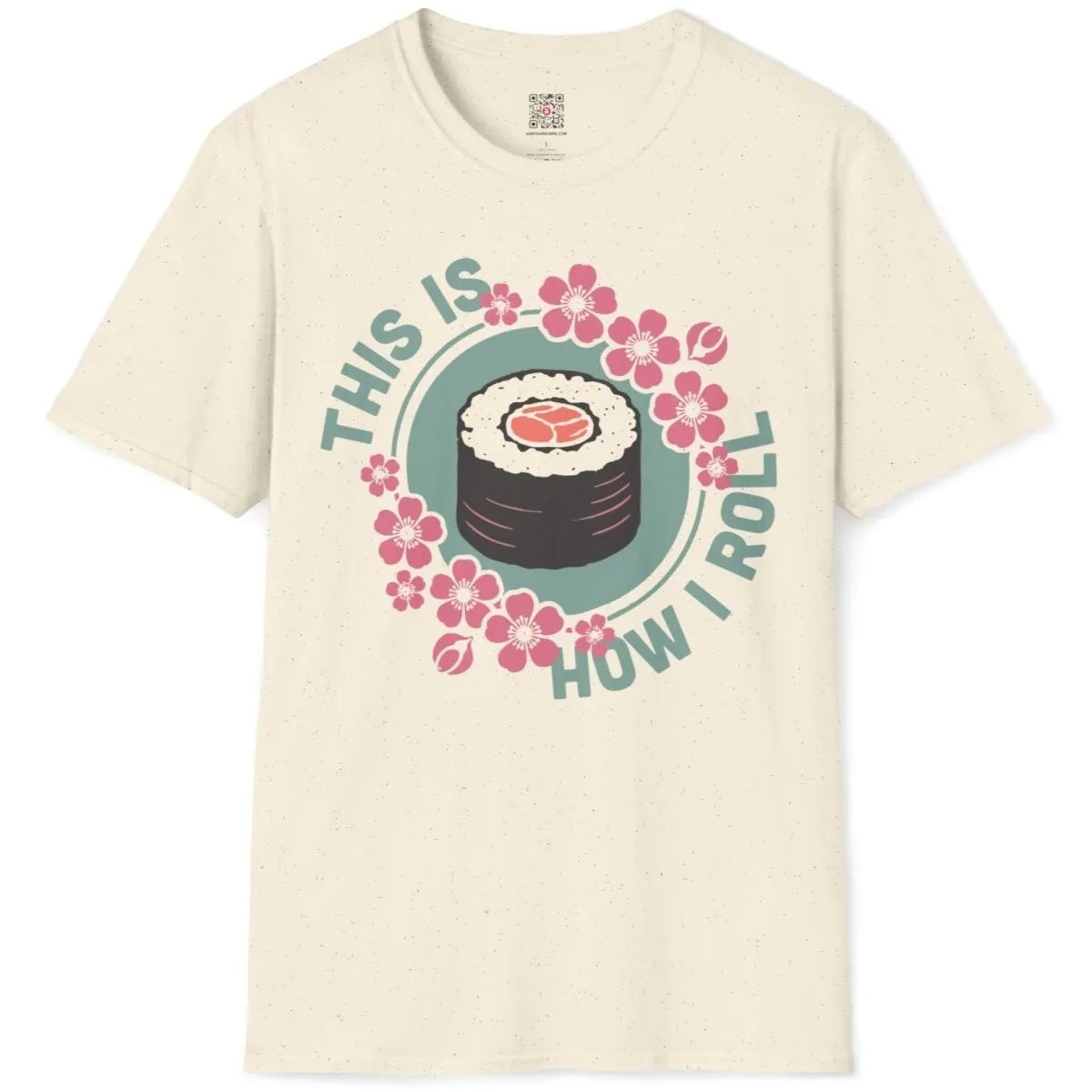 Flatlay of natural t-shirt with sushi roll, cherry blossoms, and playful text, sushi shirt, sushi culture.