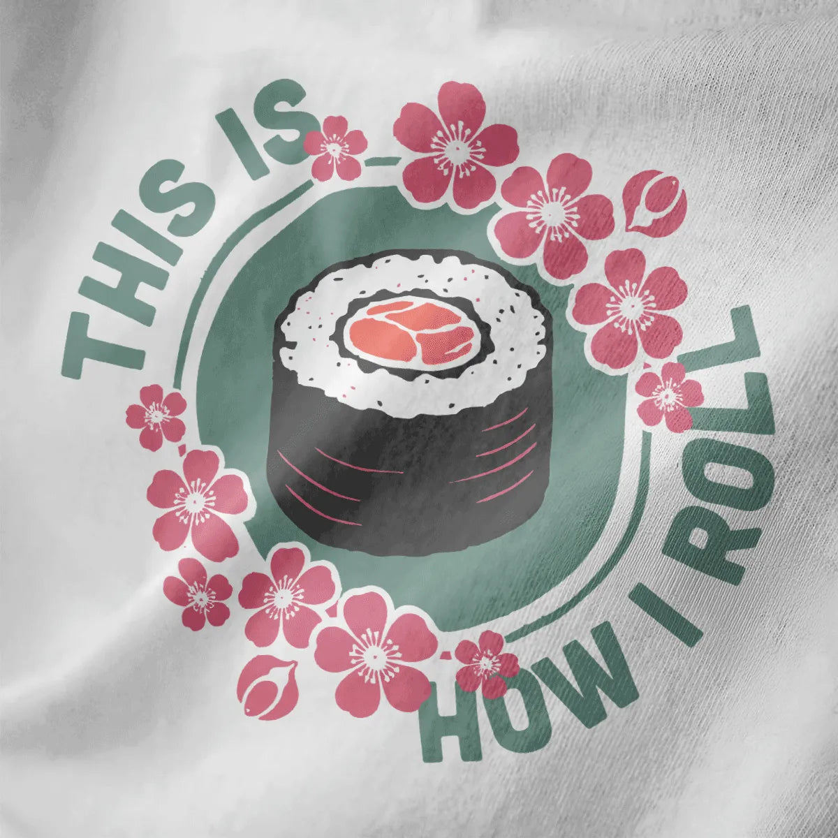 Sushi roll with orange filling and pink cherry blossoms on white t-shirt, sushi shirt, kawaii sushi.