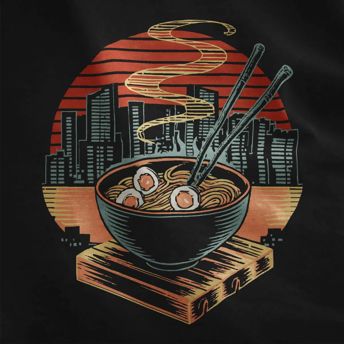 Steaming ramen bowl with eggs, chopsticks, and cityscape on black t-shirt, ramen t-shirt, cityscape art.