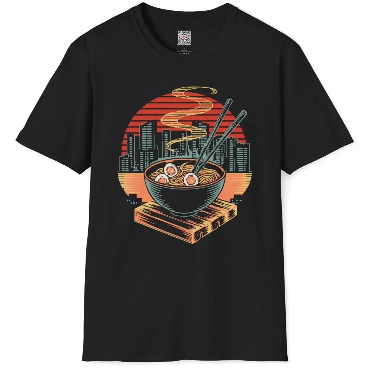 Flatlay of black t-shirt with ramen bowl, chopsticks, cityscape, and sun, ramen t-shirt, vintage aesthetic.
