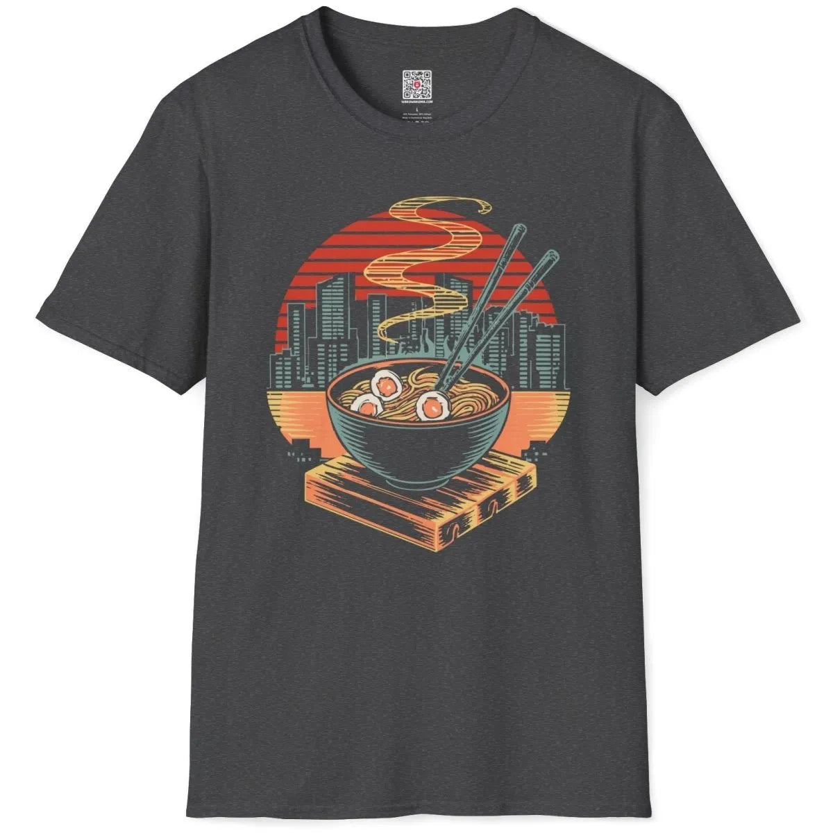 Flatlay of dark heather t-shirt with ramen bowl, chopsticks, cityscape, and sun, ramen t-shirt, retro design.