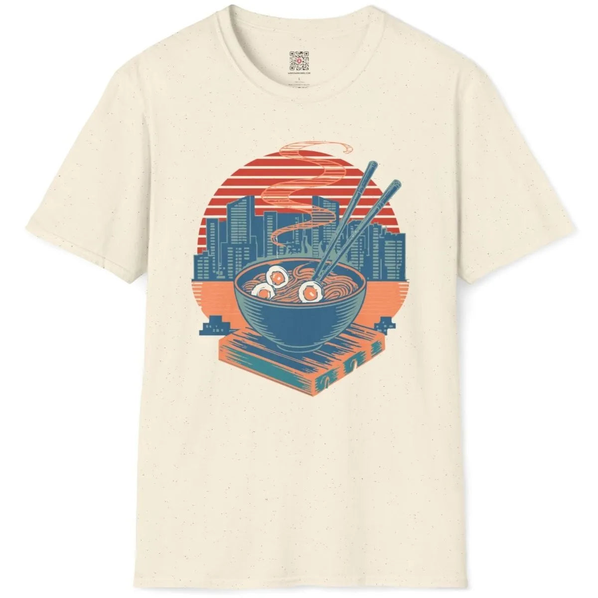 Flatlay of natural t-shirt with ramen bowl, chopsticks, cityscape, and sun, ramen t-shirt, cultural fusion.
