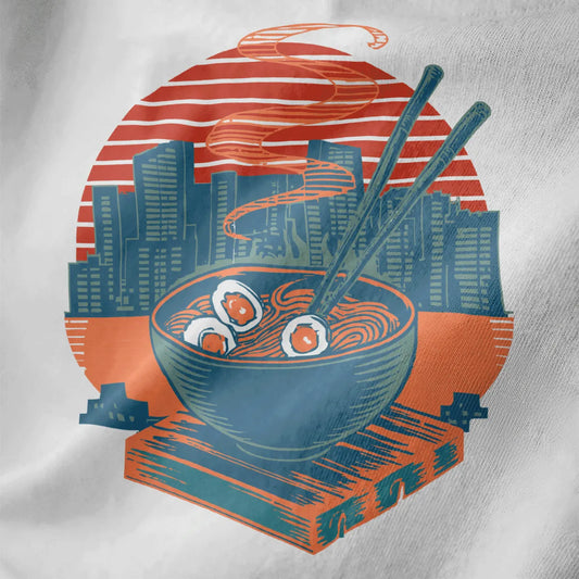 Steaming ramen bowl with eggs, chopsticks, and cityscape on white t-shirt, ramen t-shirt, cityscape art.