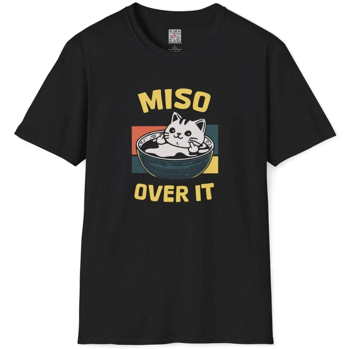 Black flatlay t-shirt, cat in miso soup bowl, middle fingers, retro color blocks, japanese t-shirts, humorous quote.