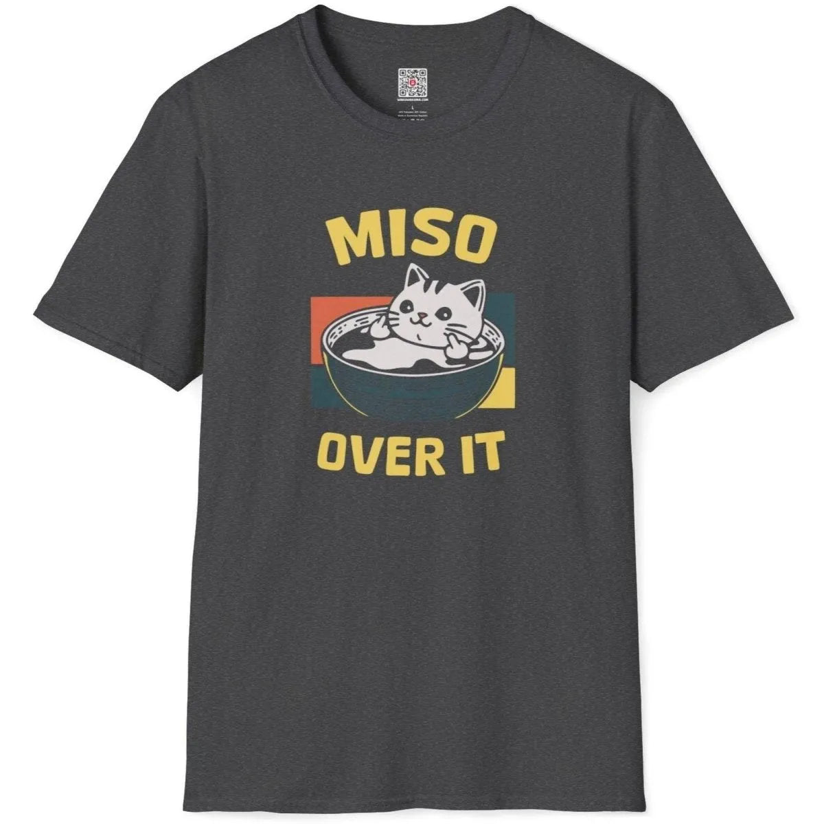 Dark heather flatlay t-shirt, cat in miso soup bowl, middle fingers, retro design, funny cat shirts.
