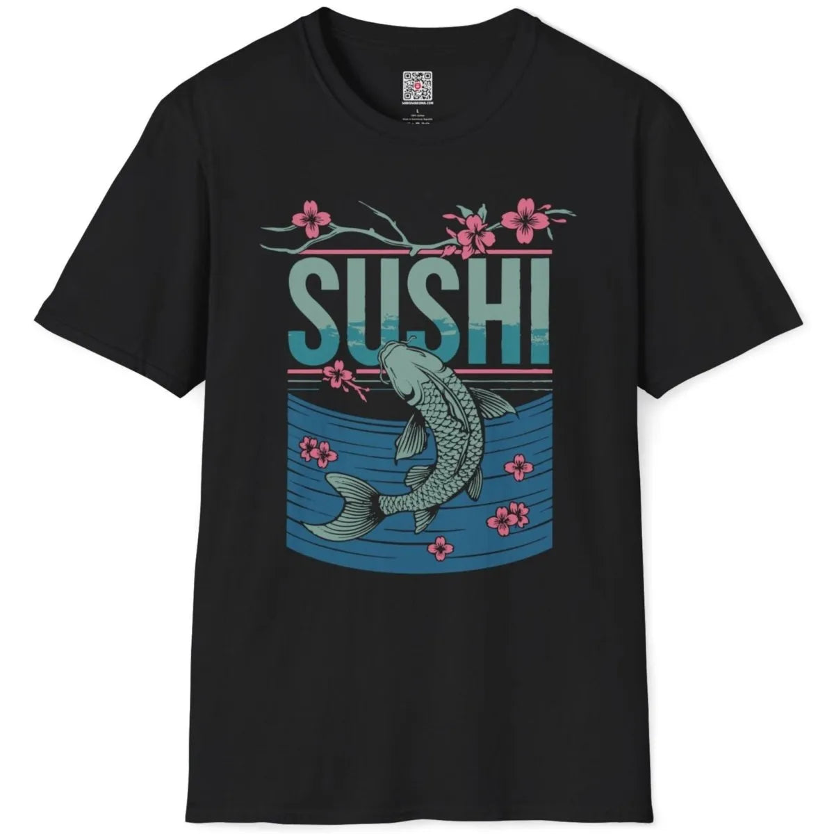 Black flatlay t-shirt with SUSHI text, koi fish, and cherry blossoms; sushi shirt, japanese wave artwork.