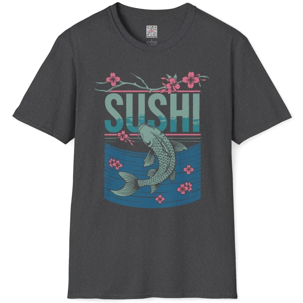 Dark heather flatlay t-shirt with SUSHI text, koi fish, and cherry blossoms; japanese t-shirts, aquatic aesthetic.