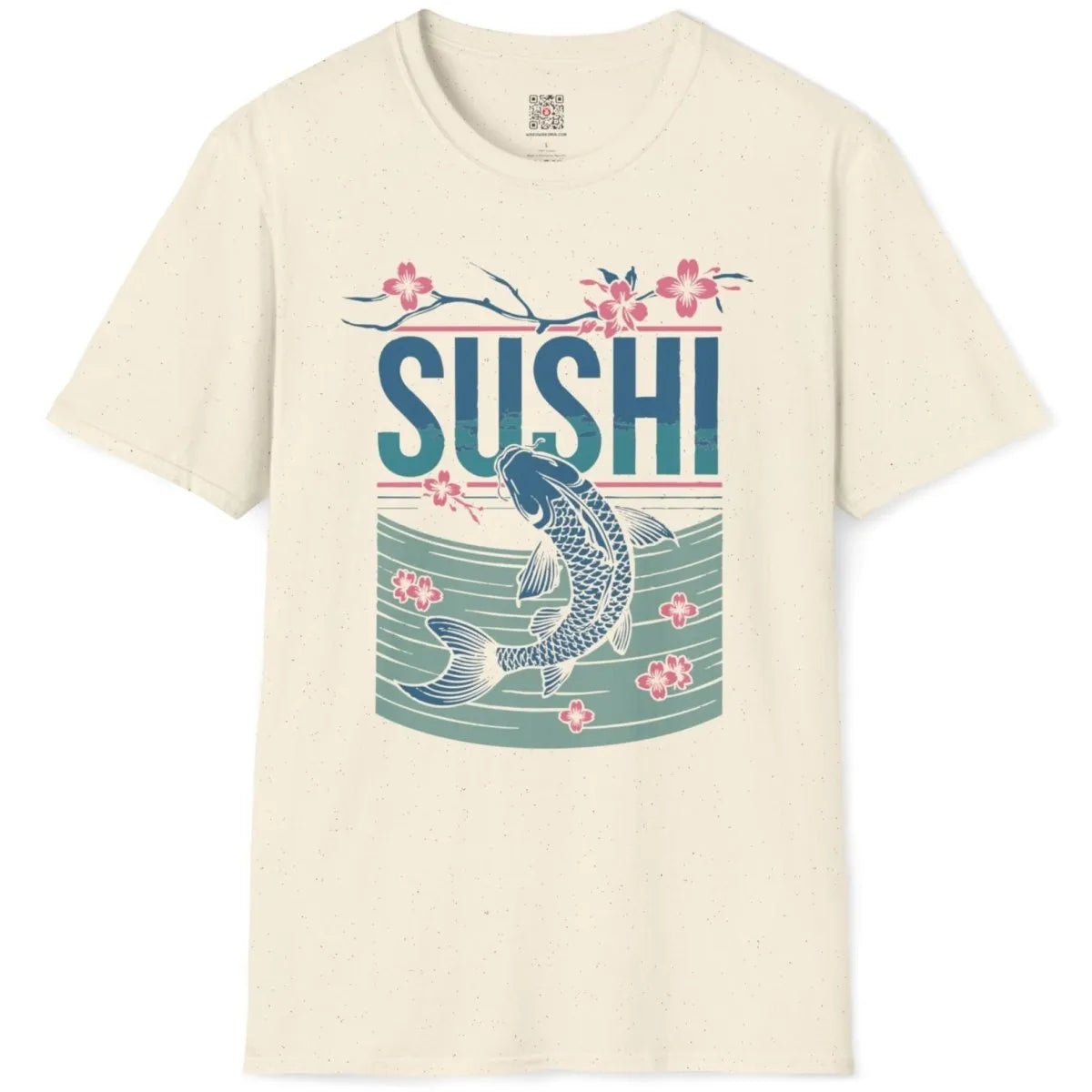 Natural flatlay t-shirt with SUSHI text, koi fish, and cherry blossoms; sushi art, cultural symbols.