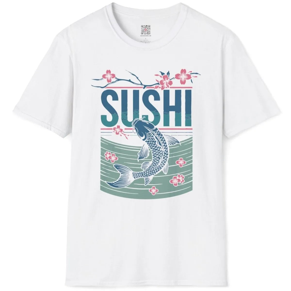 White flatlay t-shirt with teal SUSHI text, koi fish, and cherry blossoms; sushi t-shirt, cherry blossom shirt.