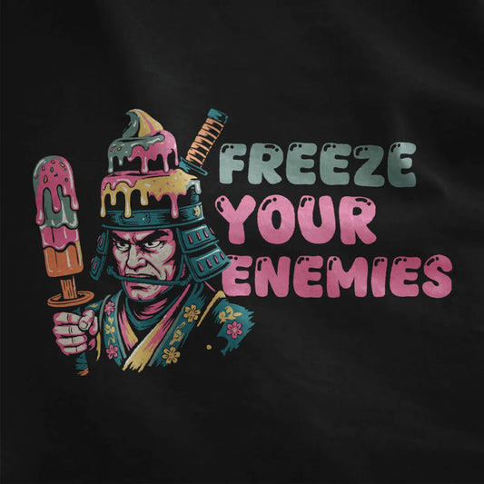 Close-up of black shirt with colorful samurai, ice cream helmet, and playful text; japanese t-shirts, humorous quote.