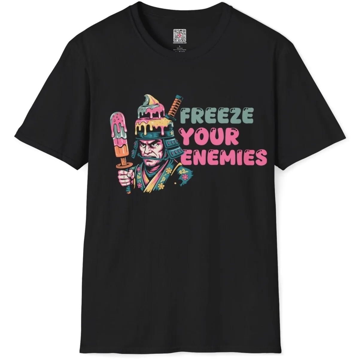 Black flatlay t-shirt with cartoon samurai and ice cream helmet; samurai inspired clothing, pop art shirt.