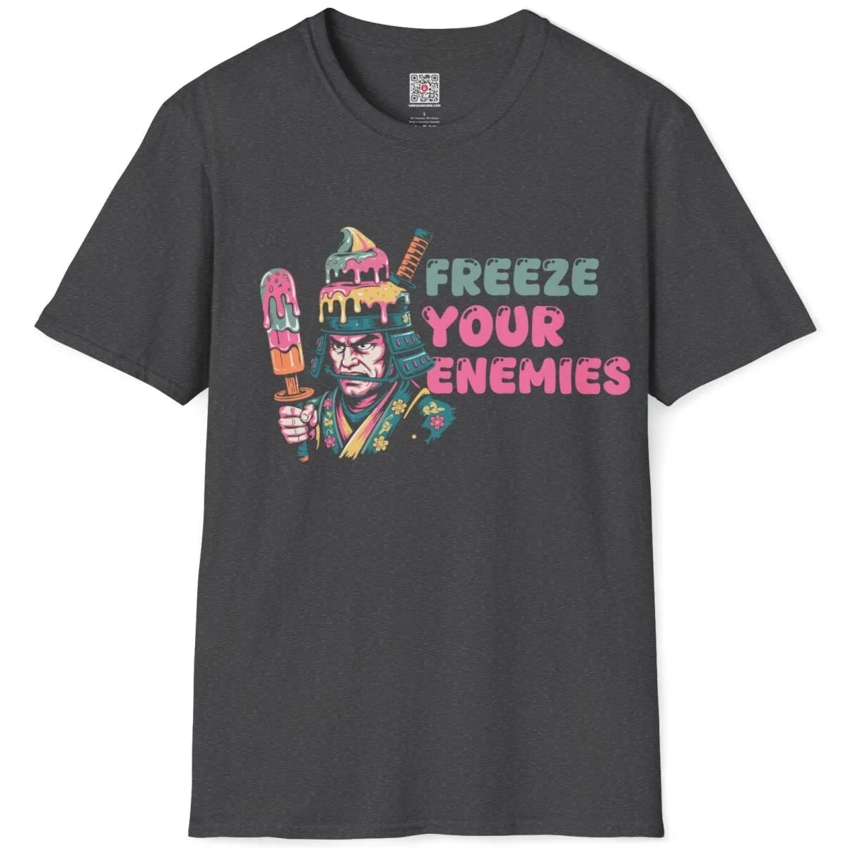 Dark heather flatlay t-shirt with vibrant samurai and ice cream; cultural blend, retro cartoon.